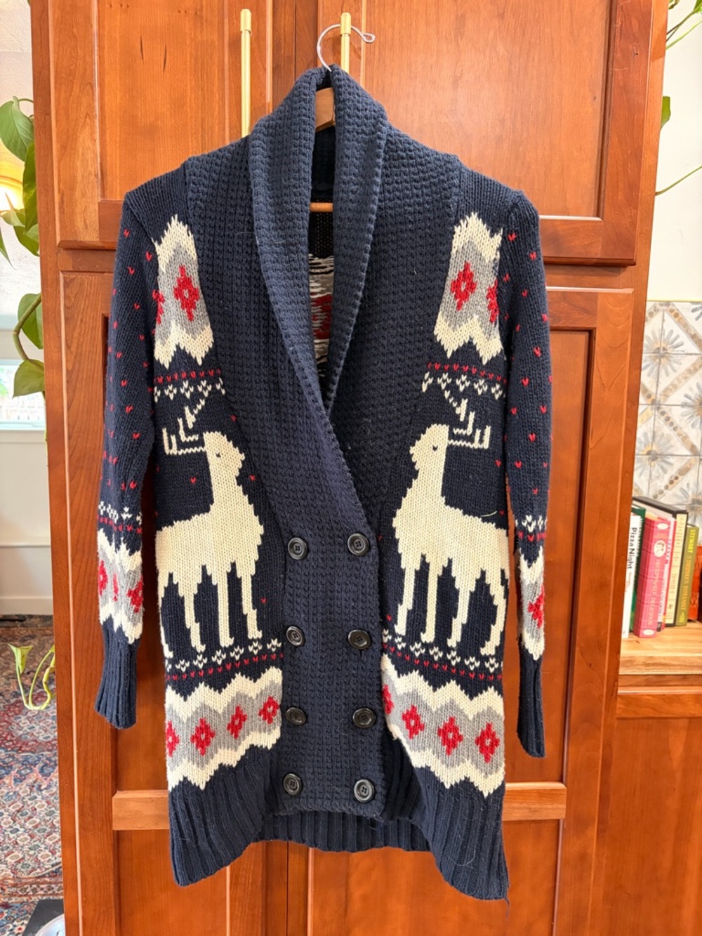 Knit Christmas Cardigan Navy Collar Cardigan with Cream Reindeer - Picture 1 of 6